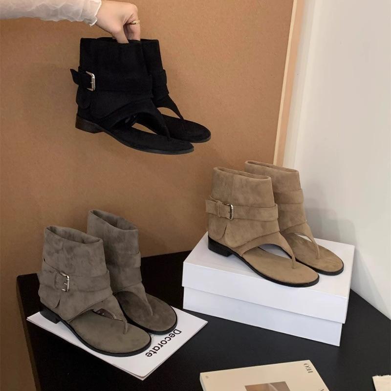 2025 New Thick Heel Khaki Toe Cool Boots Short Boots Women's Boots Summer with Skirt Western Boots Summer Sandals