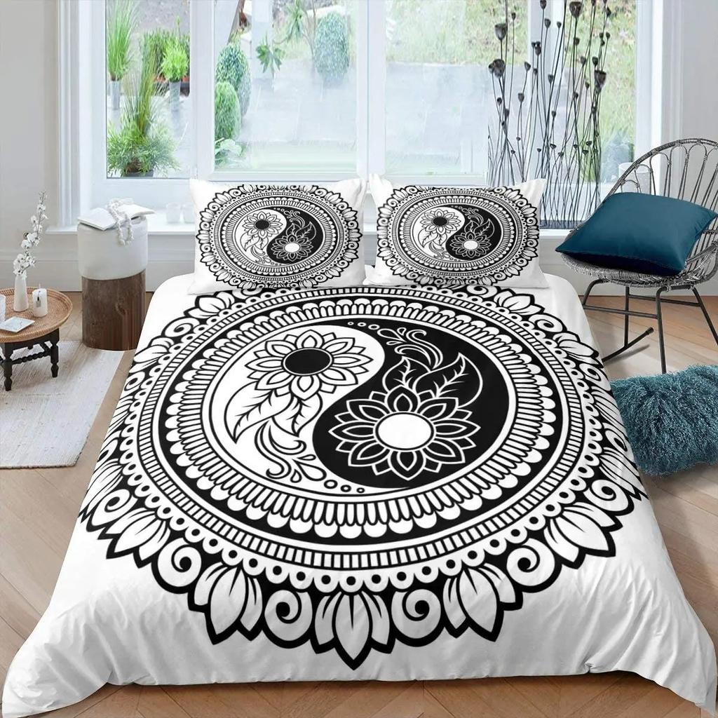 Black And White Duvet Cover Set Bohemian Mandala Bedding Set For Boys Yin And Yang Polyester Comforter Cover King Size