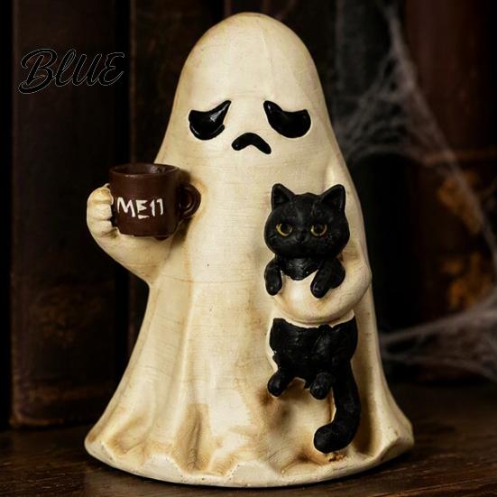 Festival Party Atmosphere Decor Cute Halloween Ghost Figurine Resin Tabletop Ornament with Black Cat And Desktop Ornaments Coffee Cup for Home Office
