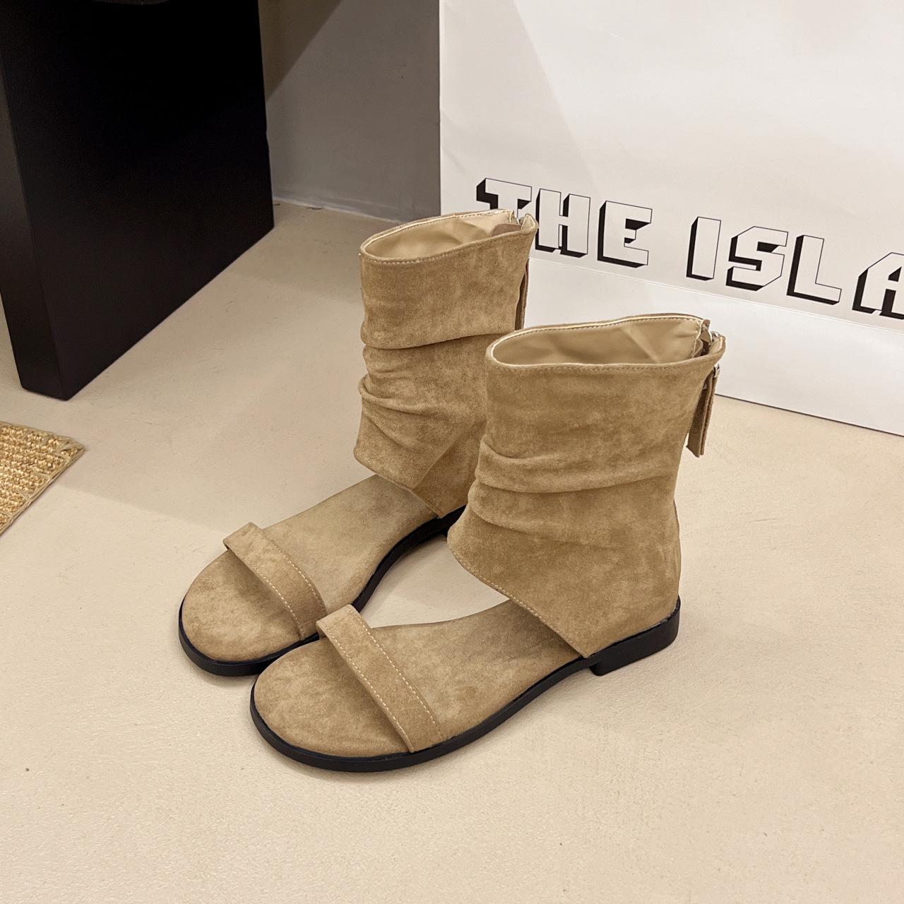 

Niche pile boots one-word medium heel sandals 2025 Korean version summer new open-toed one-pedal thick heel Roman cool boots women 40 хаки