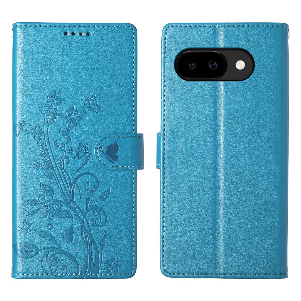 For Google Pixel 10a Wallet Case Butterfly Floral Imprint PU Leather Phone Cover with Wrist Strap