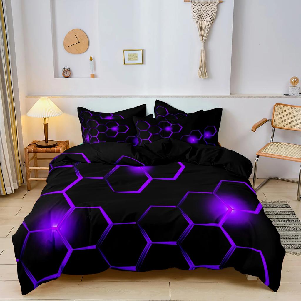 3 Pieces Geometric Bedding Set 3D Hexagonal Honeycomb Pattern Duvet Cover Set Digital Print Polyester Fabric Design Pattern