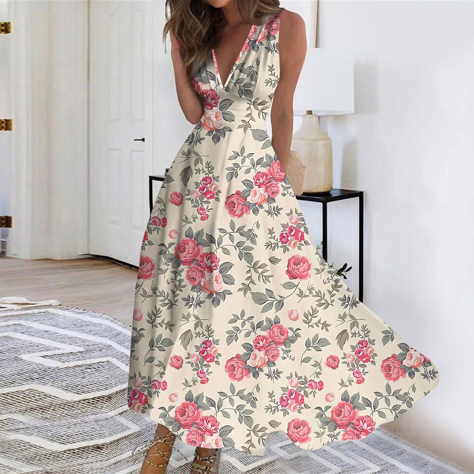 

Жіночі модні літні повсякденні сукні-туніки з V-подібним вирізом і квітками без рукавів XXXL рожевий