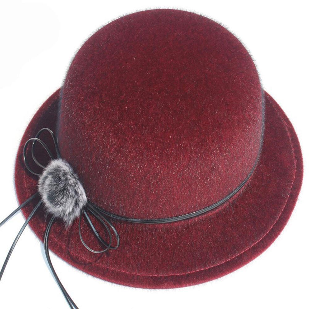 Elegant Women Fedora Hat Vintage Pompom Bowknot Flat Top Felt Hat Winter Autumn Imitation Woolen Bowler Cap Panama Church Hat