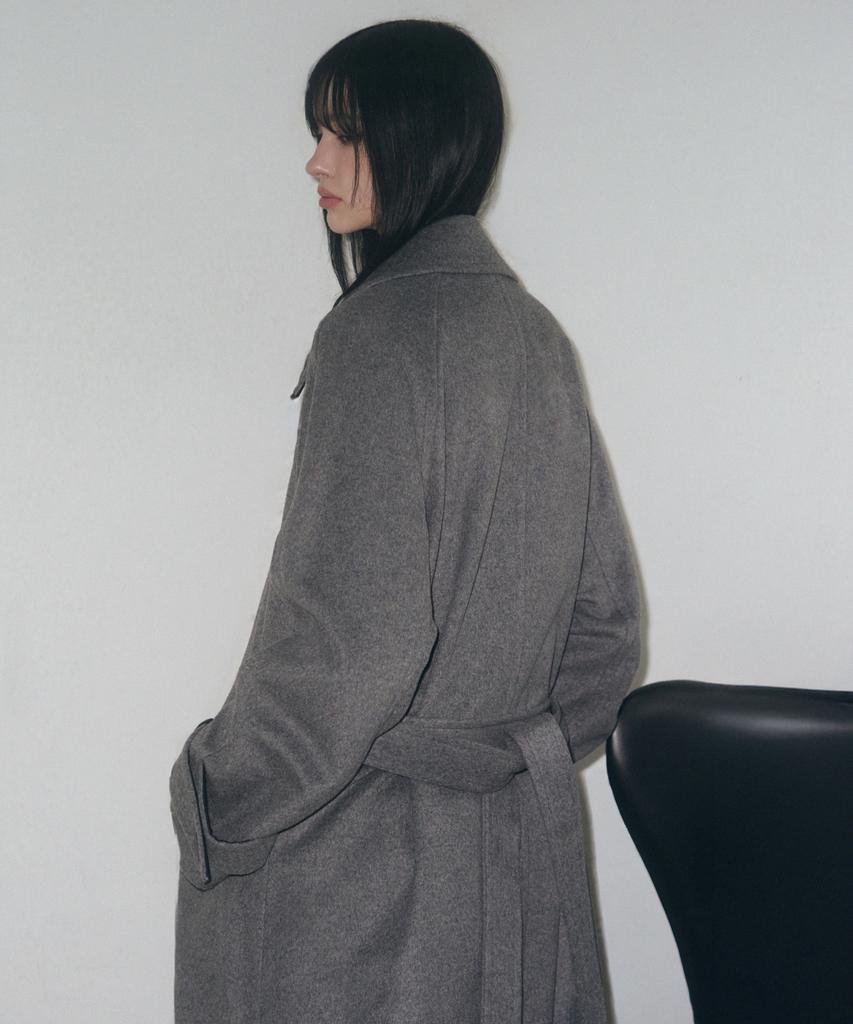 Leathery Cashmere Balmacaan Robe Coat [Grey]