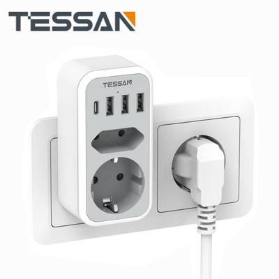 Tessan Regleta de enchufes múltiples con 2 salidas de CA, 1 puerto tipo C, 3 USB A, adaptador de enchufe de extensión Vertical UE para el hogar