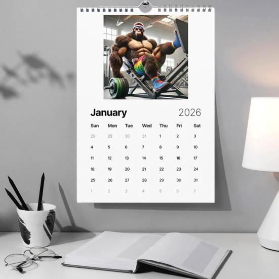 Nástěnný kalendář 2026 Vtipný fitness kalendář Sasquatch 12měsíční kalendář Humorný dárkový předmět s tématikou posilovny pro muže, fanoušky kryptidů, milovníky fitness