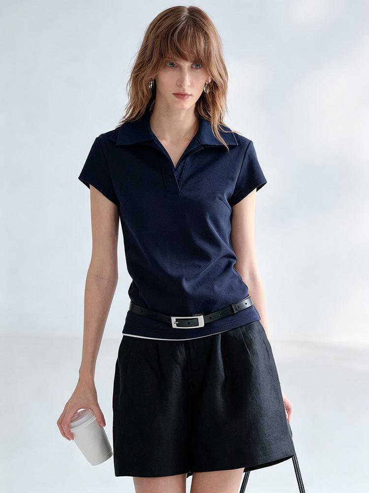 Noble acetic acid linen polo shirt women's summer lapel top commuter slim fit design Lyocell short-sleeved T-shirt
