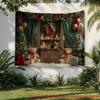 2D flat, 1pc festive Christmas teddy bear background banner, polyester wall decoration with golden tones, indoor/outdoor party