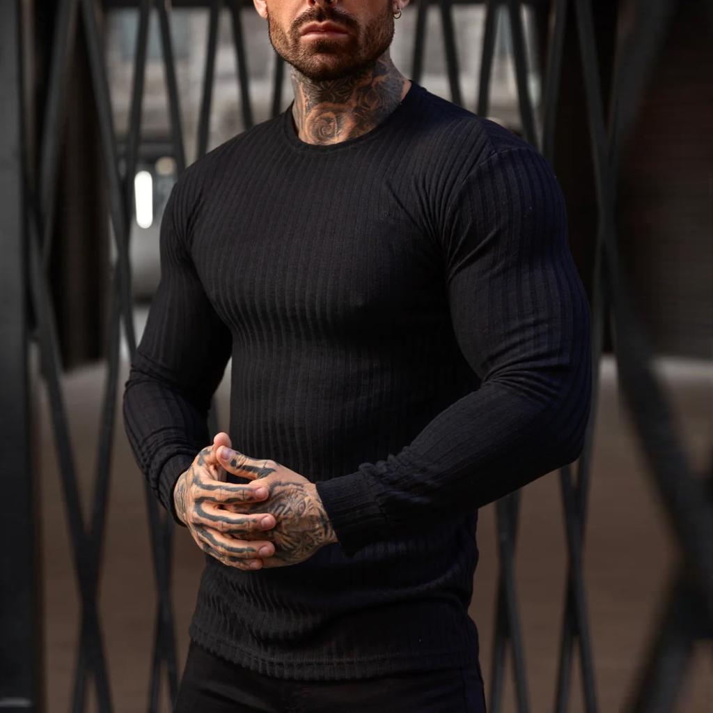 Muscleguys Autumn Running T-shirts Mens Classic Ribbed Knit Jumper Sports Long Sleeved Slim Fit Round Neck Casual Gym Fitness T Shirt