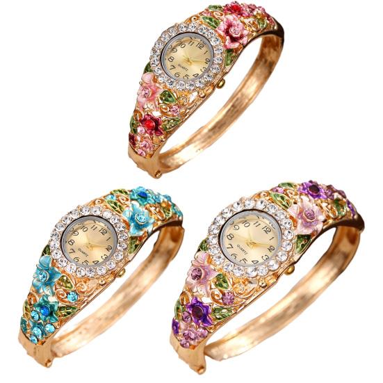 Ladies Floral Bangle Watch Rhinestone Round Dial Watch Elegant Quartz Wristwatch Sparkly Women Timepiece Gift for Mom Wife
