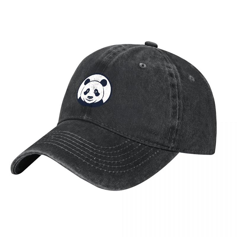 Panda Logo Washed Canvas Baseball Cap Classic Black Adjustable Hat with Embroidered Design for Unisex Women