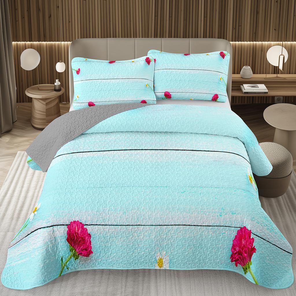 Spring Garden Flower Bedspread for Girls Teen Botanical Floral Coverlet Twin Queen Quilt Set Reversible Grey Quilted Bedding Set