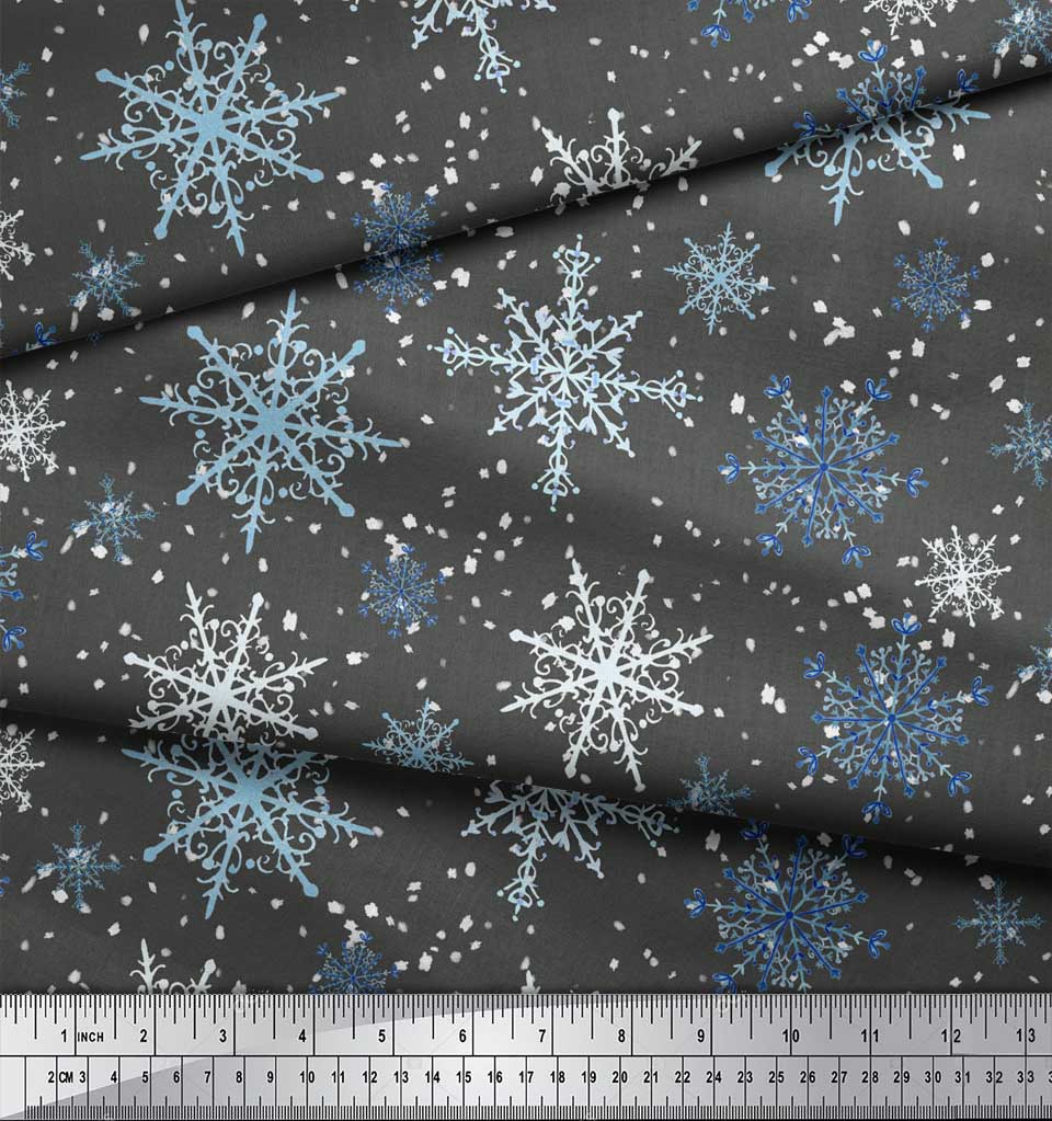 Soimoi Gray Japan Crepe Satin Fabric Snow Flakes & Star Print Sewing Fabric Metre 42 Inch