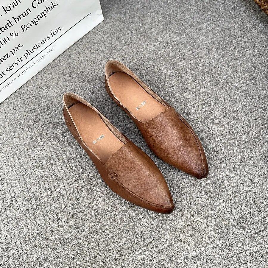 Johnature Retro Women Genuine Leather Pointed Toe Flats Shoes Handmade Shallow Soft Sole Solid Color Slip-on Shoes