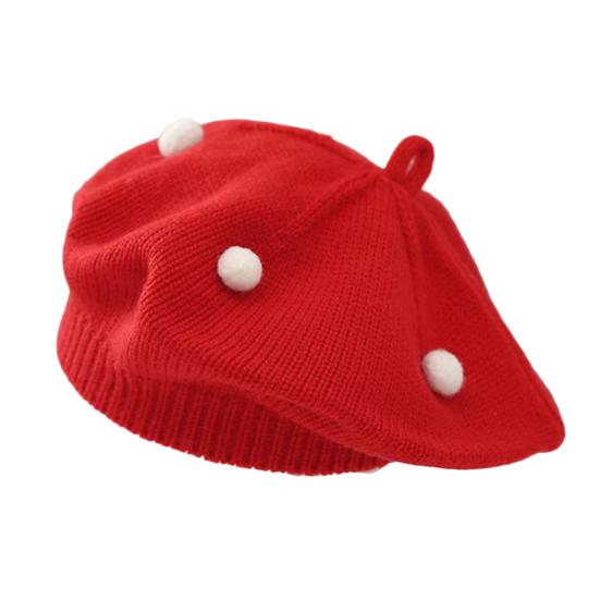 

French Style Beret Hat Plush Ball Decor Baby Beret Hat with Anti-Slip Design Elastic Fit Warm Knitting Hat Autumn Winter Headwear