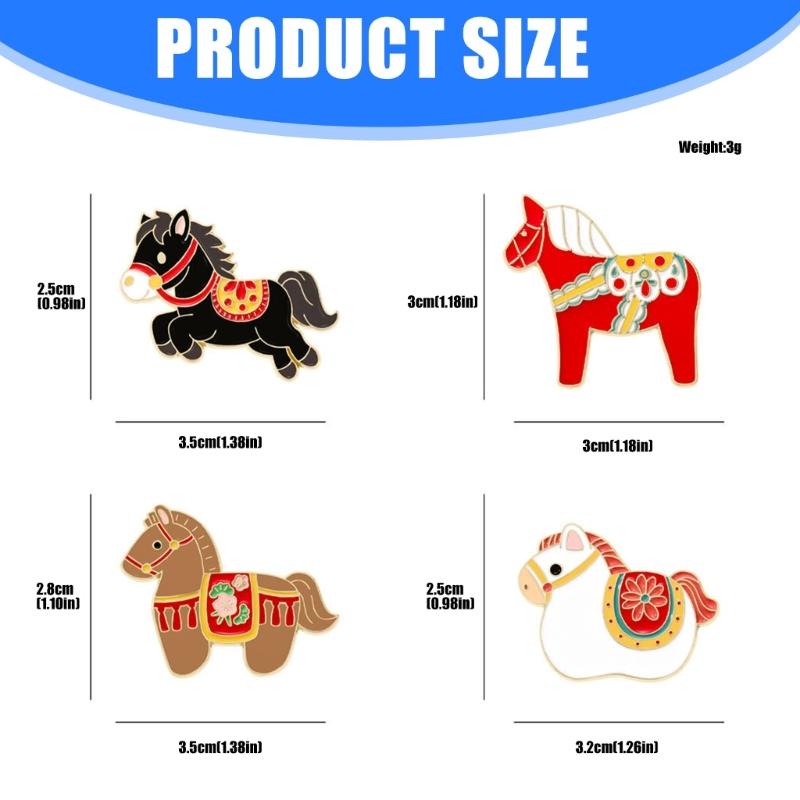 4Pcs Fashion Horse Year Brooch Unique Decoration Compact Design Safety Badge Pin For Coats Bags Hats Scarves