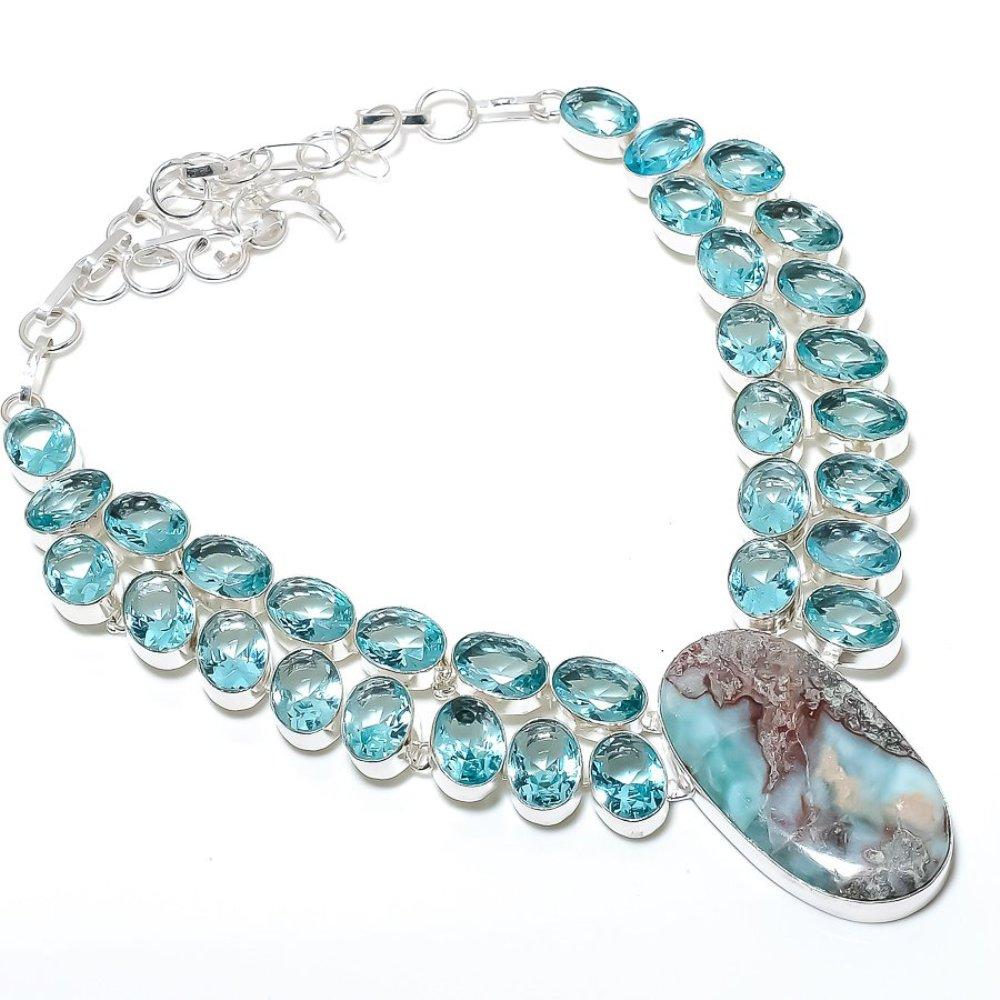 Natural Caribbean Larimar, Blue Topaz 925 Sterling Silver Necklace 18" A3N29