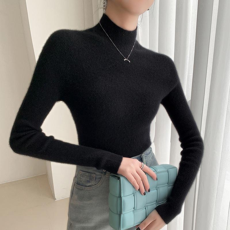 Women's Cashmere Wool Slim-Fit Knit Top - Half-High Neck, Seamless, Autumn/Winter Versatile Sweater