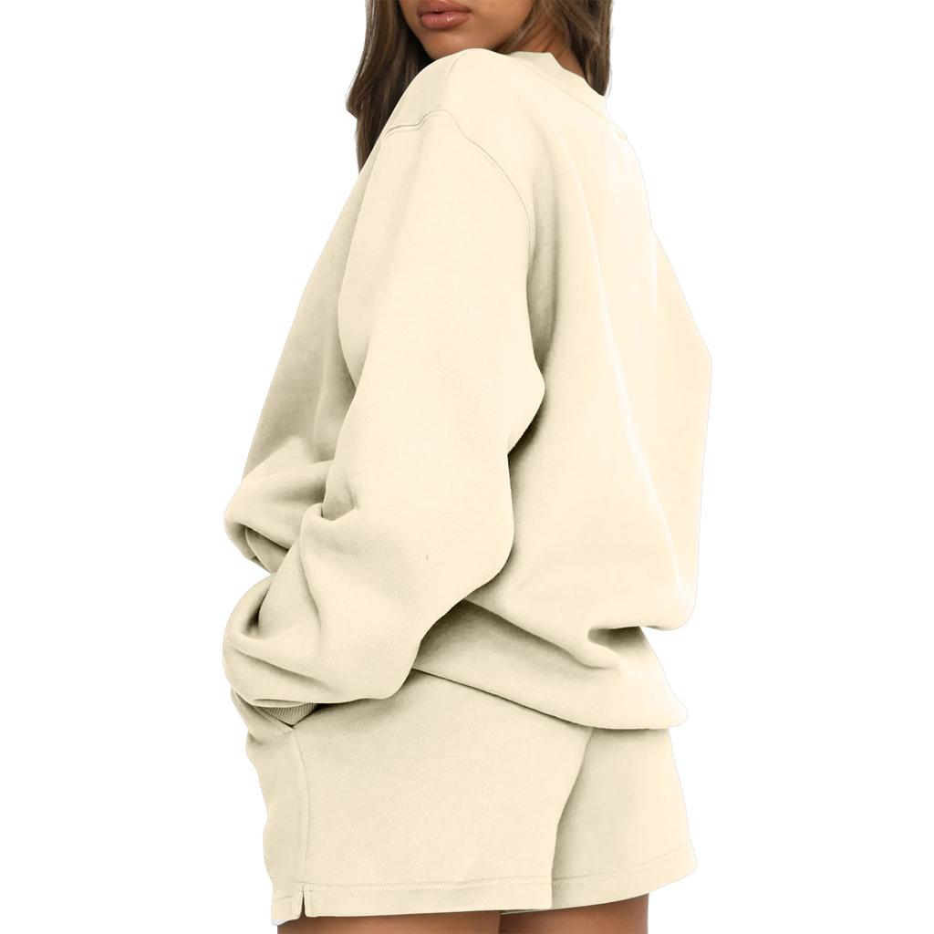 Women's Comfortable Casual Fashionable Solid Color Round Neck Sweatshirt Shorts Two-piece Set
