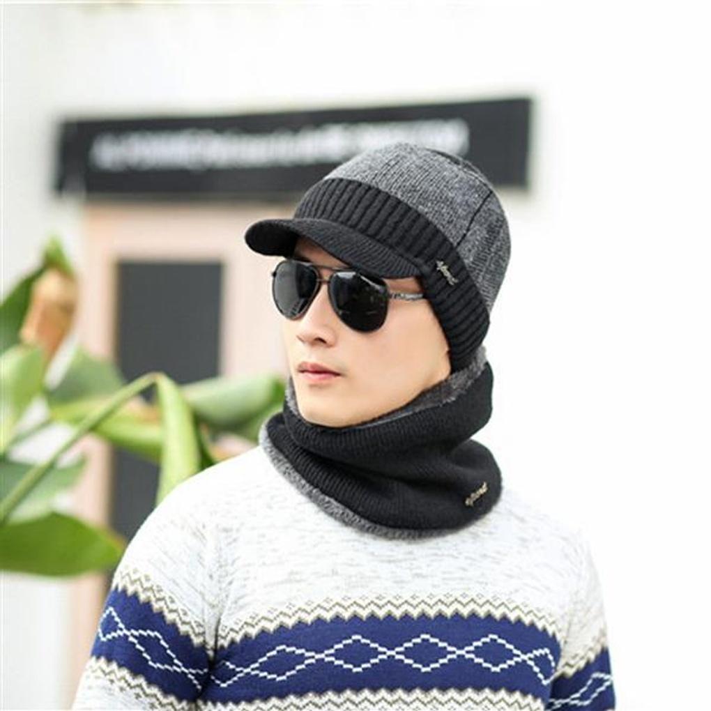 Neckwarmer Knit Brim Hat Set (Black)/Fur Hat Winter Hat