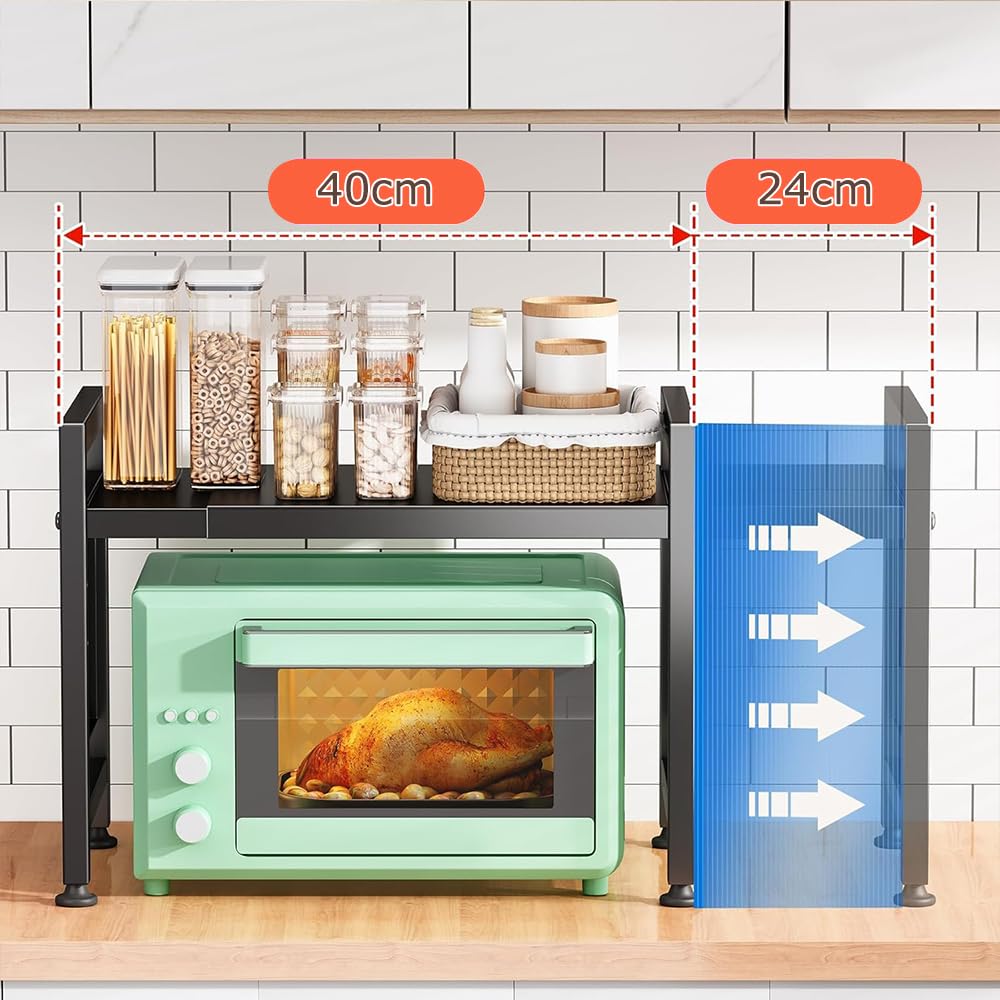 Over-the-sink Kitchen Storage Rack, Toaster Rack, Microwave Stand, 40-60cm Wide, Extendable, with 6 Hooks (white)