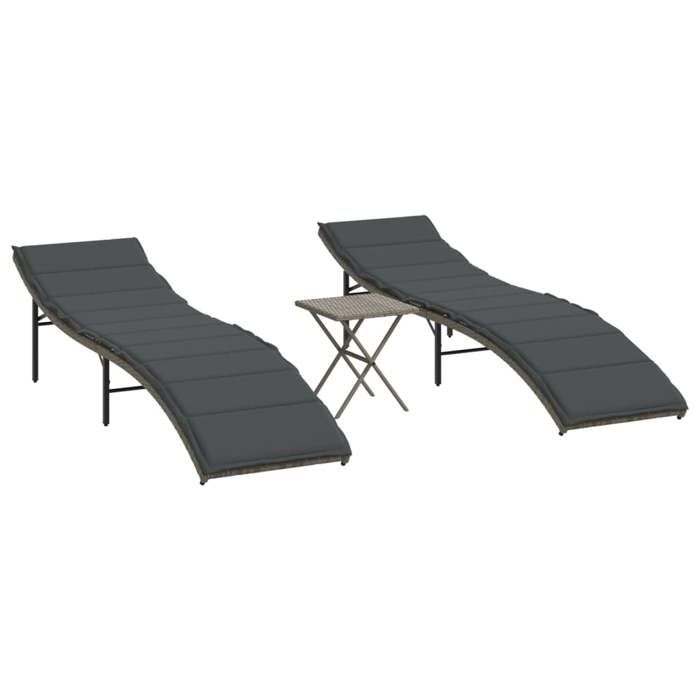 VidaXL Lot de 2 Chaises Longues avec Table, Bain de Soleil, Transat de Terrasse, Siège de Jardin Patio Extérieur, Gris 368253