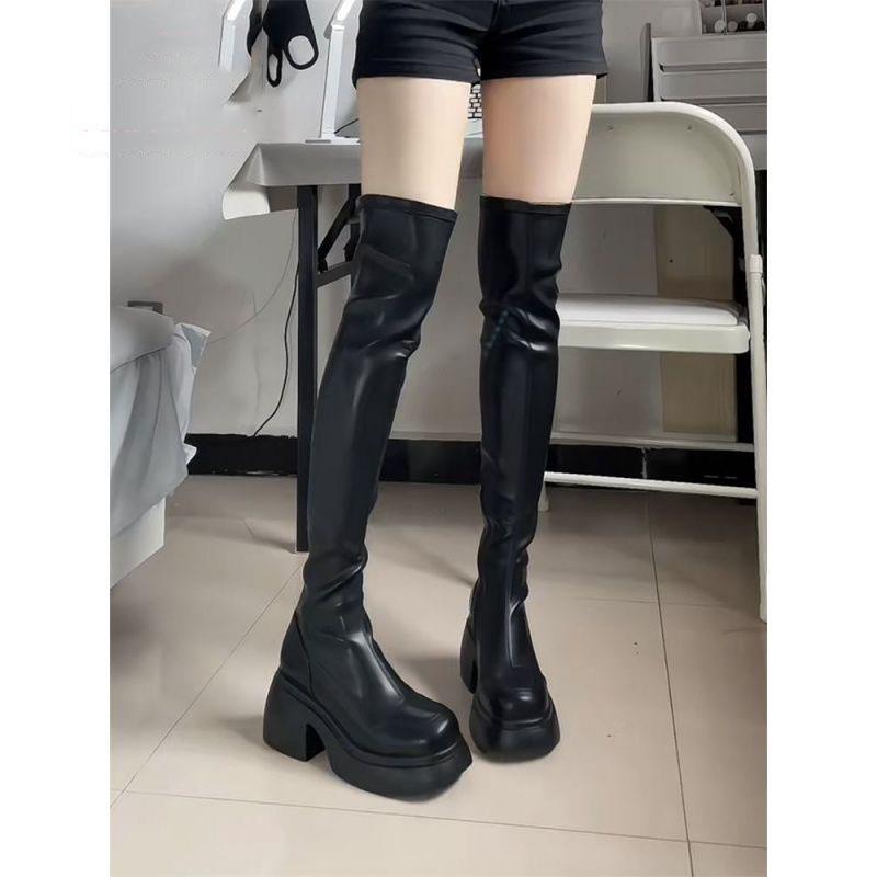 Small skinny over-knee boots women's new round head thick-soled boots women's elastic boots versatile and thin knight boots