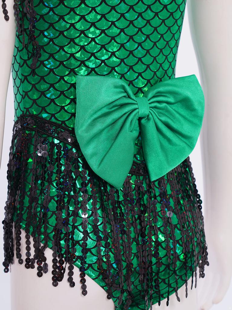 Dívčí třpytivé flitry rybí šupiny leotard mašle na zádech třásně body tanec soutěž party outfit