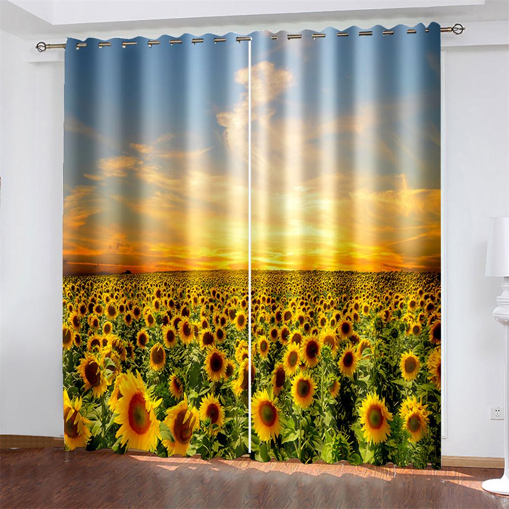 Sunflower Printed Woven Curtains Bedroom Blackout Curtains with Two Independent Curtains On The Left and Right