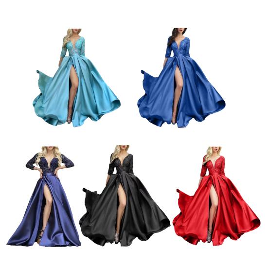 Sexy Deep V-Neck Maxi Dress for Women Sheer Lace Long Sleeve High Split Cocktail Party Dress Formal Evening Gown