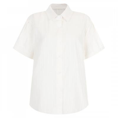 Shop   Women Collar Neck Stripe Basic Short Sleeve Blouse Ivory Egg Wbl 20658