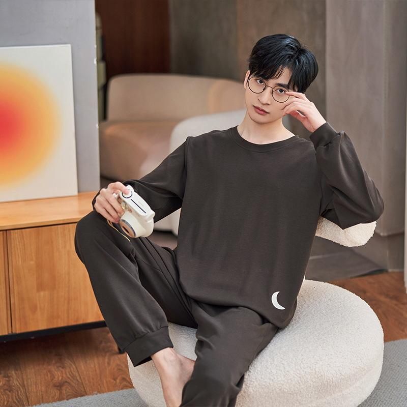 

Хлопковая ночная рубашка для мужчин, комплект из 2 предметов, пижамы, весенние пижамы с длинными рукавами, топы и брюки, одежда для сна Asian L(50-62kg)