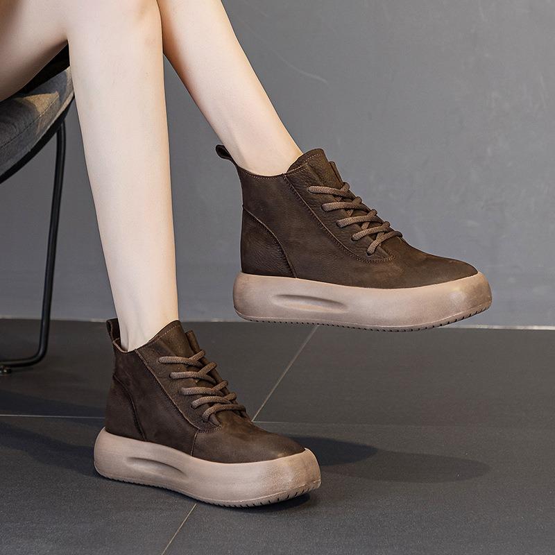 Leather Short Boots Thick Bottom Women's Boots Rhubarb Boots