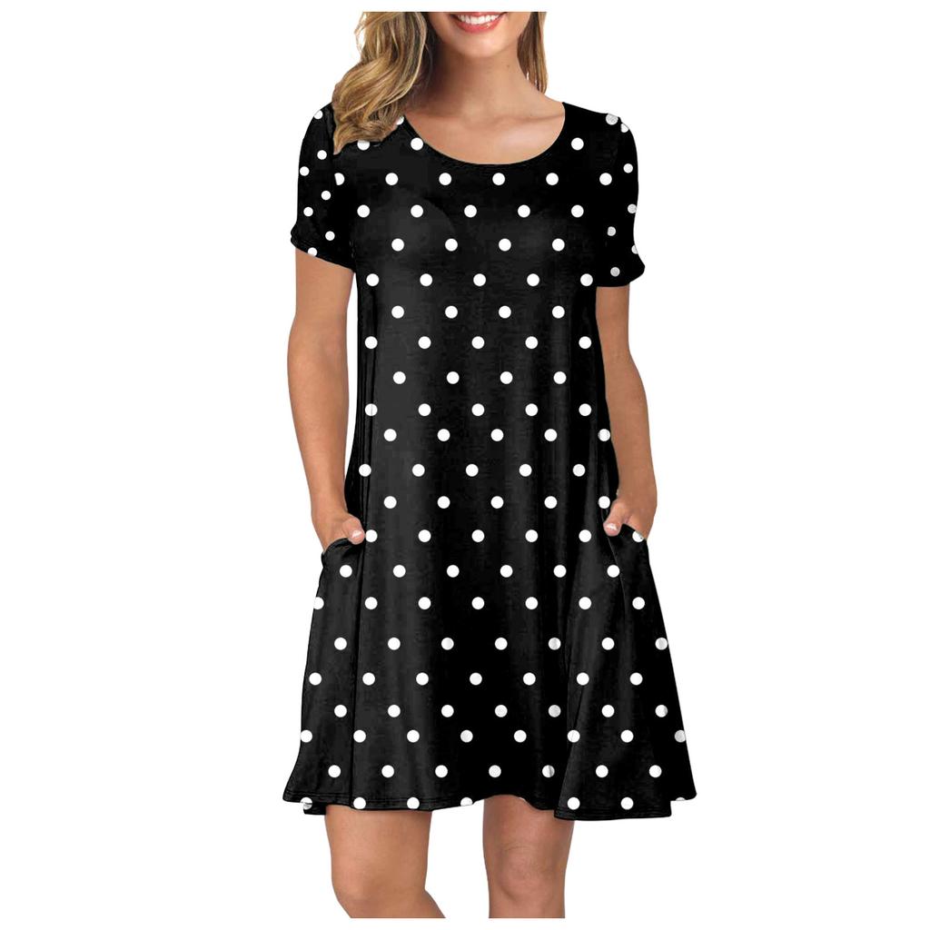 Women's Fashion Print Loose Casual Short-Sleeved Round Neck Pocket Dress