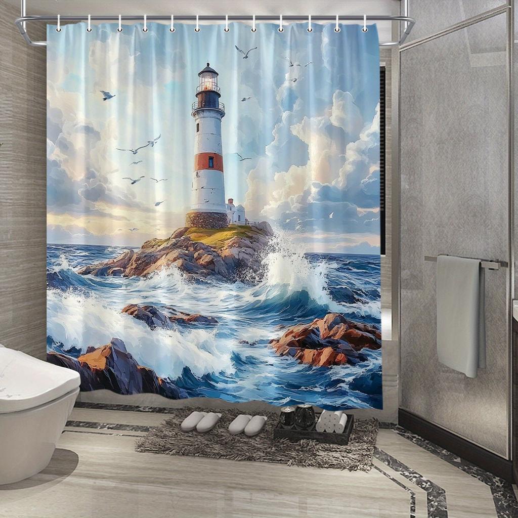 "Seaside Landscape Shower Curtain - Water Tower Castle, Blue Sky Beach Scene, Country Style, Casual Bathroom Decor