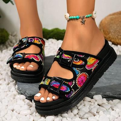 Moda Nueva Moda Chanclas de Plataforma con Graffiti para Mujer Sandalias Planas con Correa de Doble Hebilla para Mujer Verano 2025 Suela Gruesa Antideslizante Chanclas de Playa
