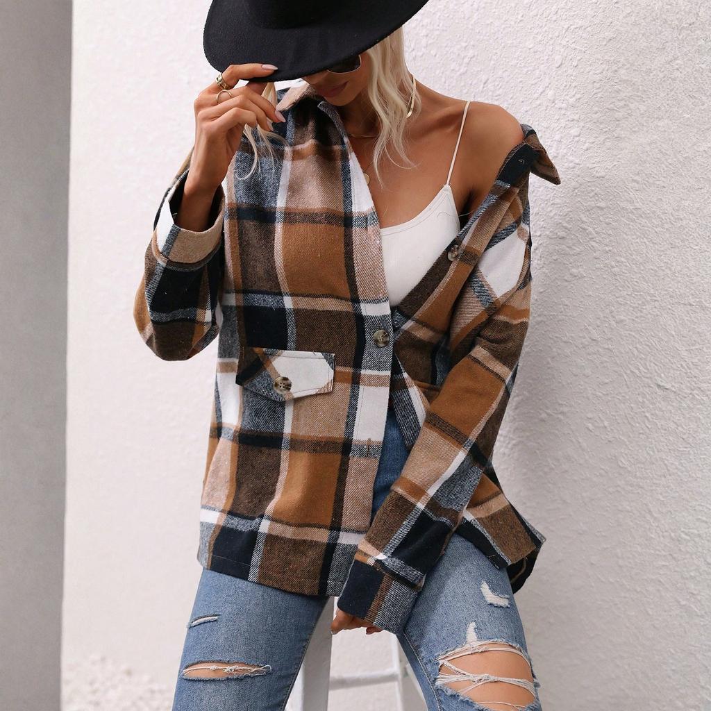 Women's Casual Fashion Woolen Plaid Long Sleeve Cardigan Jacket Top