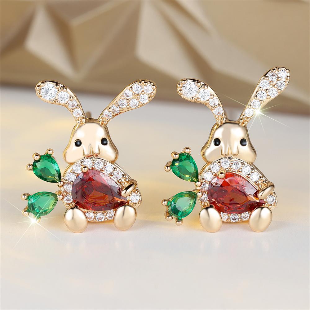 Cute Carrot Small Rabbit Stud Earrings For Women Red Green Crystal Water Drop Stone Earring Vintage Gold Silver Color Jewelry