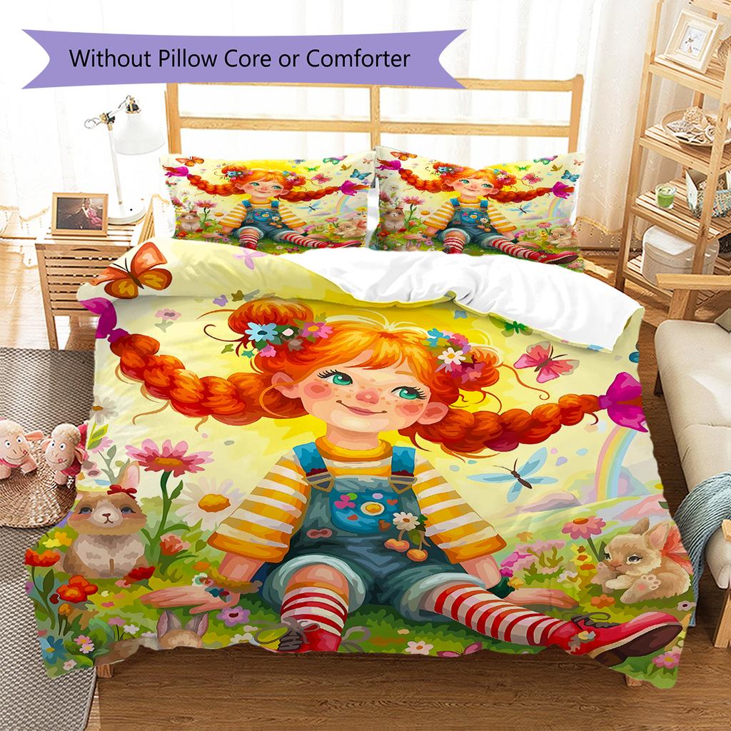 Pippi Longstocking Pattern Bedding,Quilt Set Quilt Cover Pillowcase Home Birthday Gift (1 * Duvet Cover + 2 * Pillowcase, Without Core)