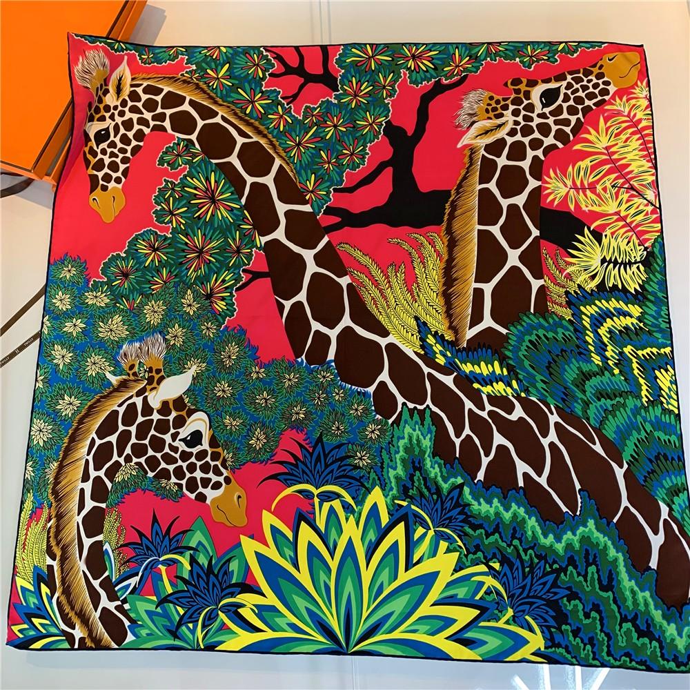 Trois Girafe Hijabs Foulard Femme Bandana Fait Main Sergé Bouclé Soie Carré Foulard de Luxe Foulards de Tête Écharpes 90Cm
