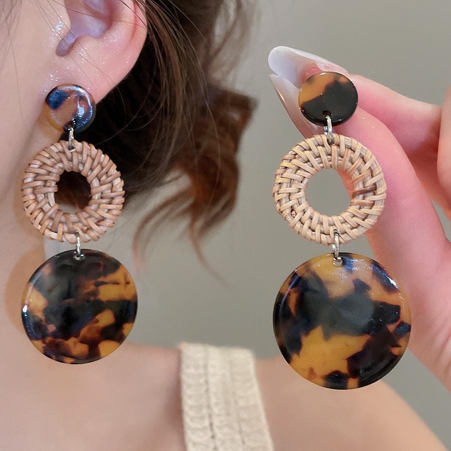 Silver Needle Retro Ethnic Style Rattan Woven Bead Drop Earrings