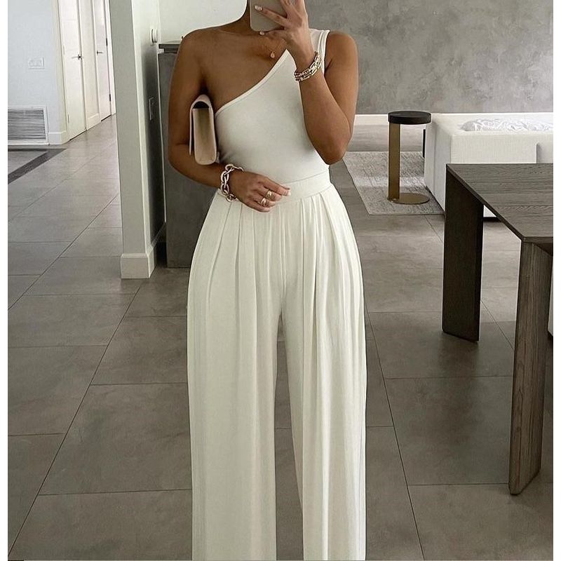 

Casual One Shoulder Jumpsuit The Same Model As Online Celebrity Sexy One Shoulder Asymmetric Comfortable One-Piece White XL