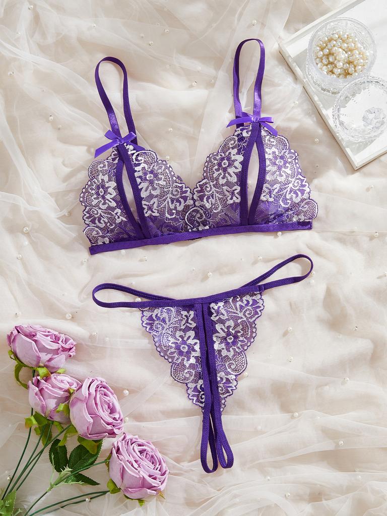 Women Floral Sexy Lingerie Set, Open Chest Bra And Crotchless Thong Sets, See Through Erotic Clothing, Valentine's Day Gift