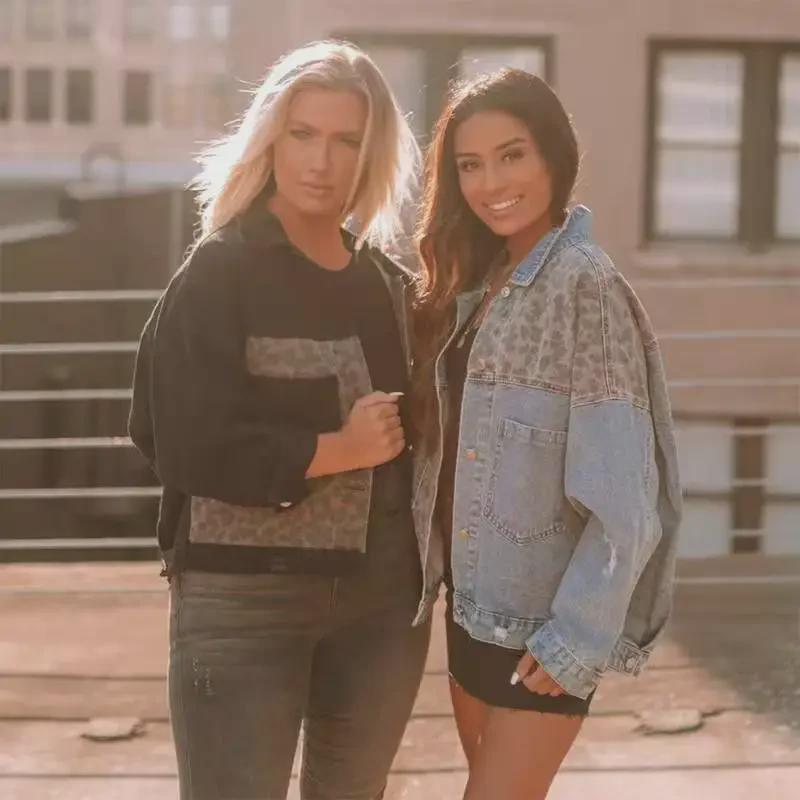 Women's European and American Long Sleeve Leopard Print Denim Jacket