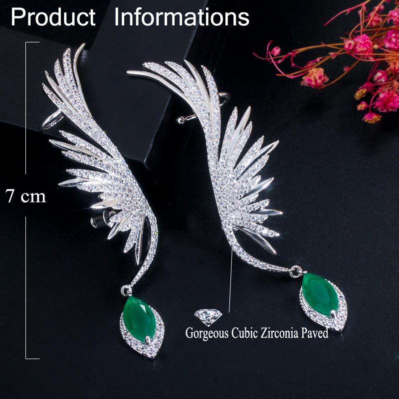 Zircons Luxury Full Cubic Zirconia Pave Popular Big Long Drop Feather Wing Ear Cuff Earrings For Women
