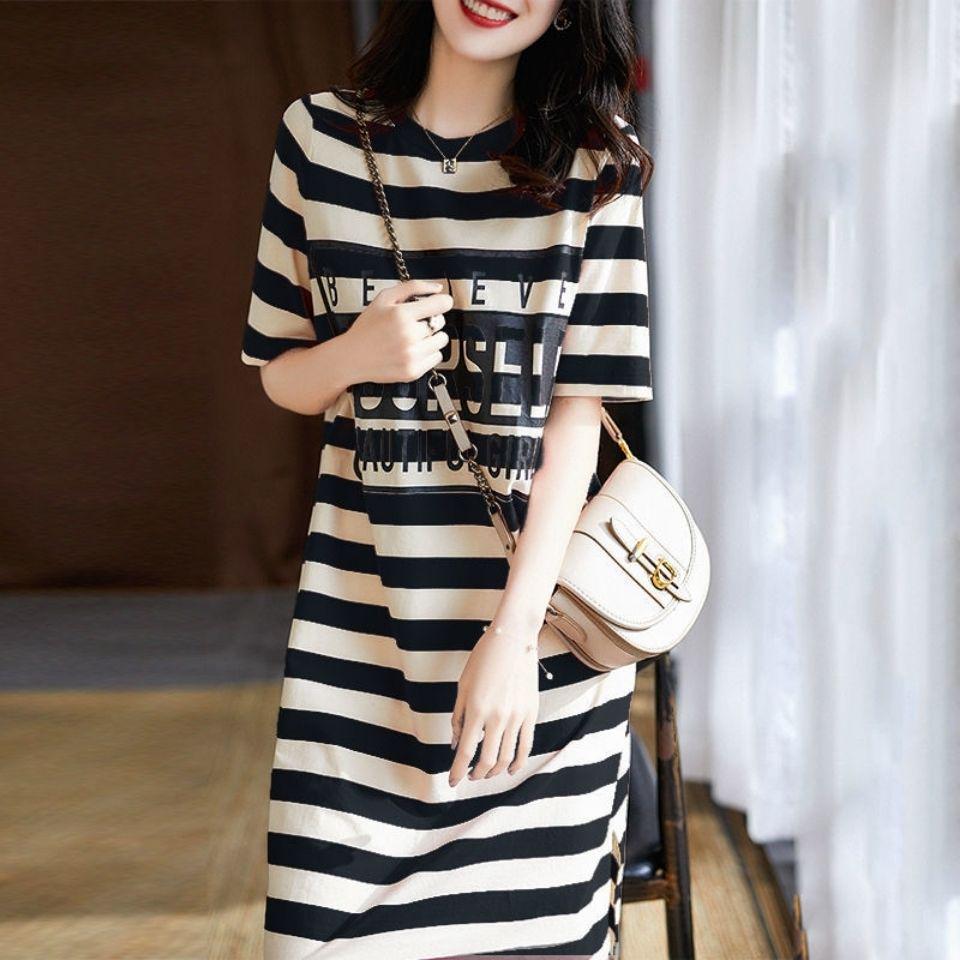 2025 Summer Korean Style Mid-Length Striped T-Shirt Dress for Women - Loose, Slimming, Short Sleeve, Versatile Fashion