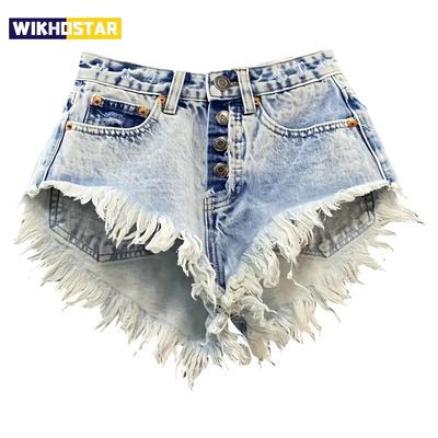 Fashion Denim Shorts Women's Streetwear Bar Spicy Girl A-line Wide Leg Shorts Summer High Waisted Breasted Fringe Hot Pants