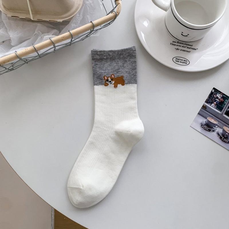 

Cartoon Socks, Boneless Mid-calf Socks for Girls, Cute Color-blocked Striped Puppy, School-style Long Socks for Spring and Autumn 1 pair