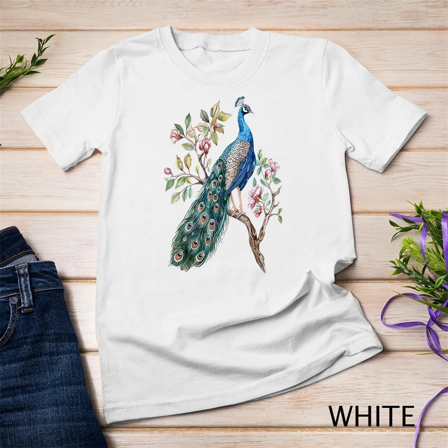 Blue Peacock Feathers Bird Flowers Tree Lovers T Shirt S